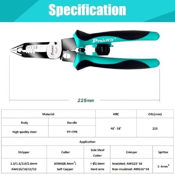 Proskit CP-420 Çok İşlevli Kablo Soyucu, Kesici, Terminal Sıkma Pensesi