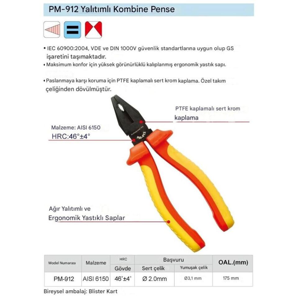 Proskit PM-912 VDE 1000V 175mm İzoleli Elektrikçi Pense