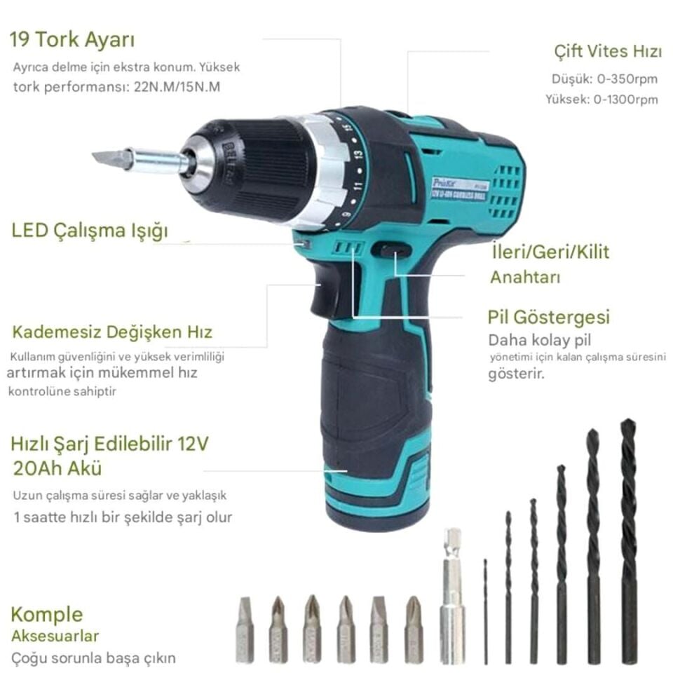 Proskit PT-1206F 12V Li-Ion Şarjlı Matkap Vidalama