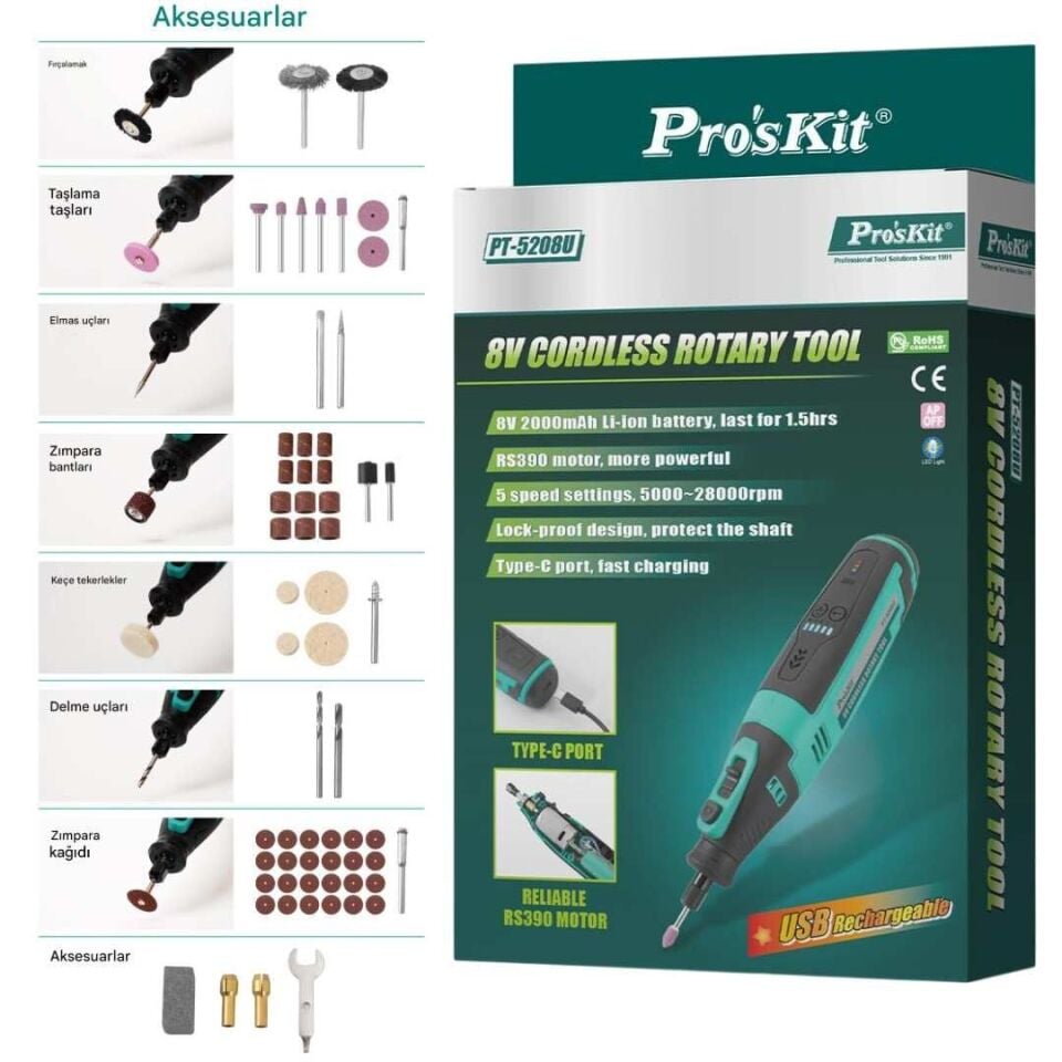 Proskit PT-5208U 8V Şarjlı Mini Matkap Ve Taşlama Cihazı