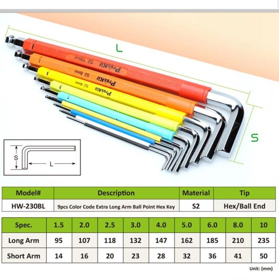 Proskit HW-230BL Uzun Top Başlı Renkli Alyan Anahtar Seti